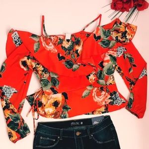 Red Flower Blouse wrap around blouse
